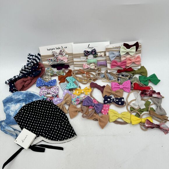 Huge Lot 65pc + Handmade Baby Toddler Headbeads Bows Clips Bonnets Floral Solid - Picture 1 of 15